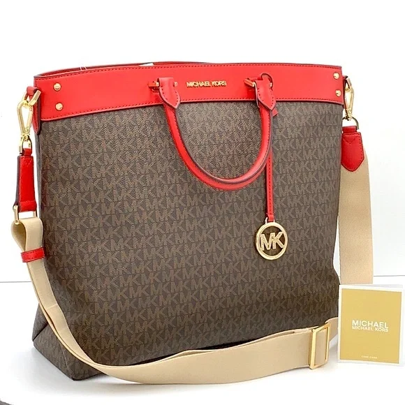 Michael Kors Travel Large Top Zip North South Tote Bag Flame/Brown signa… - Picture 2 of 16